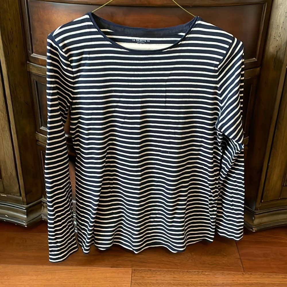 Talbots, navy and white striped long sleeve shirt